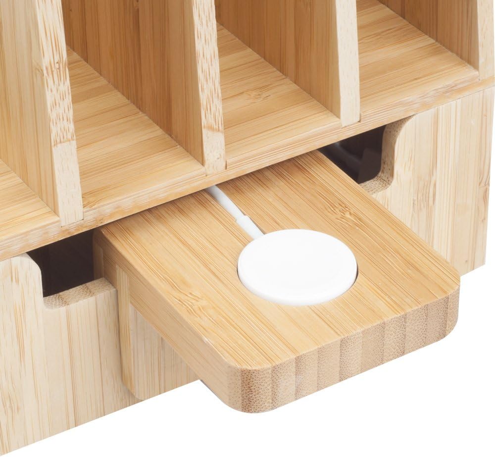 MobileVision Bamboo Charging Station & Multi Device Organizer Slim Version for Smartphones, Tablets, and Laptops