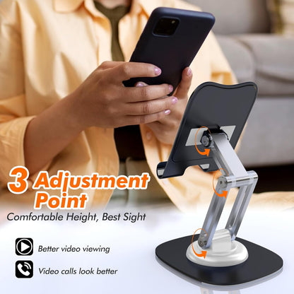 Metal Phone Stand for Desk, Adjustable Foldable Desktop Phone Holder, 360 Degree Rotating Cell Phone Stand for Recording Compatible with iPhone 17 16 15 14 13 12 11 Pro, Black