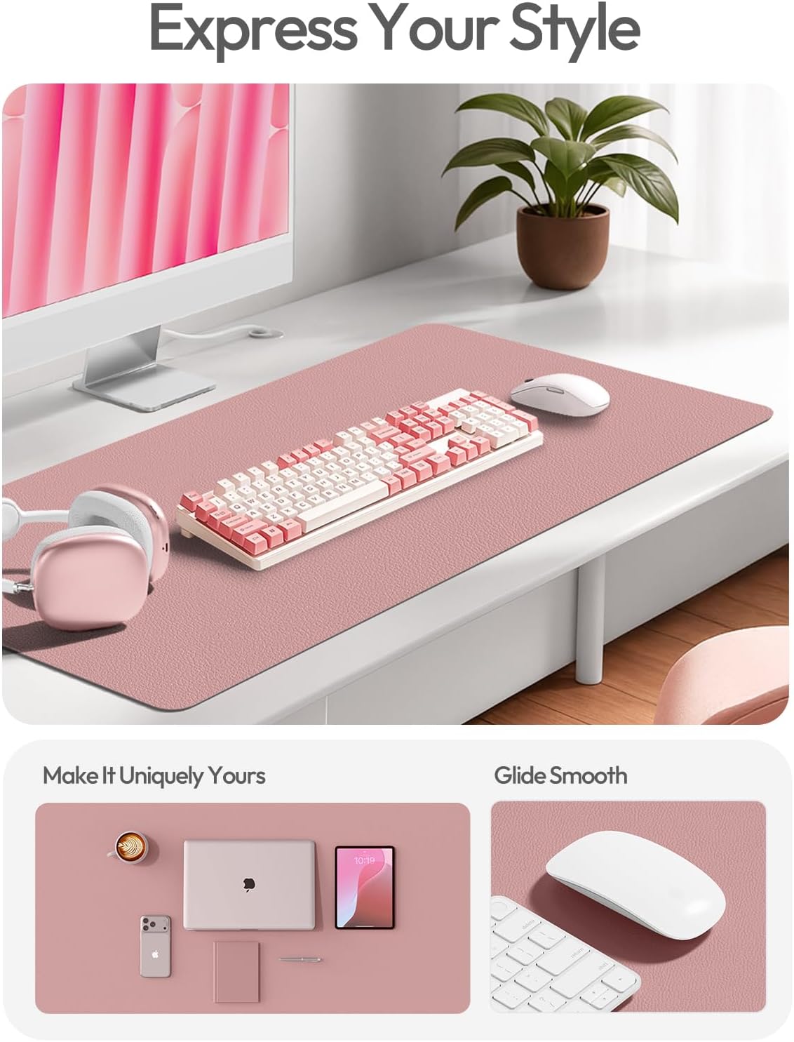 YSAGi Leather Desk Protector, Office Mat, Large Mouse Mat, Non-Slip PU Leather Blotter, Laptop Pad, Waterproof Writing Pad for Office and Home (Light Pink, 23.6" x 13.8") - Colors B
