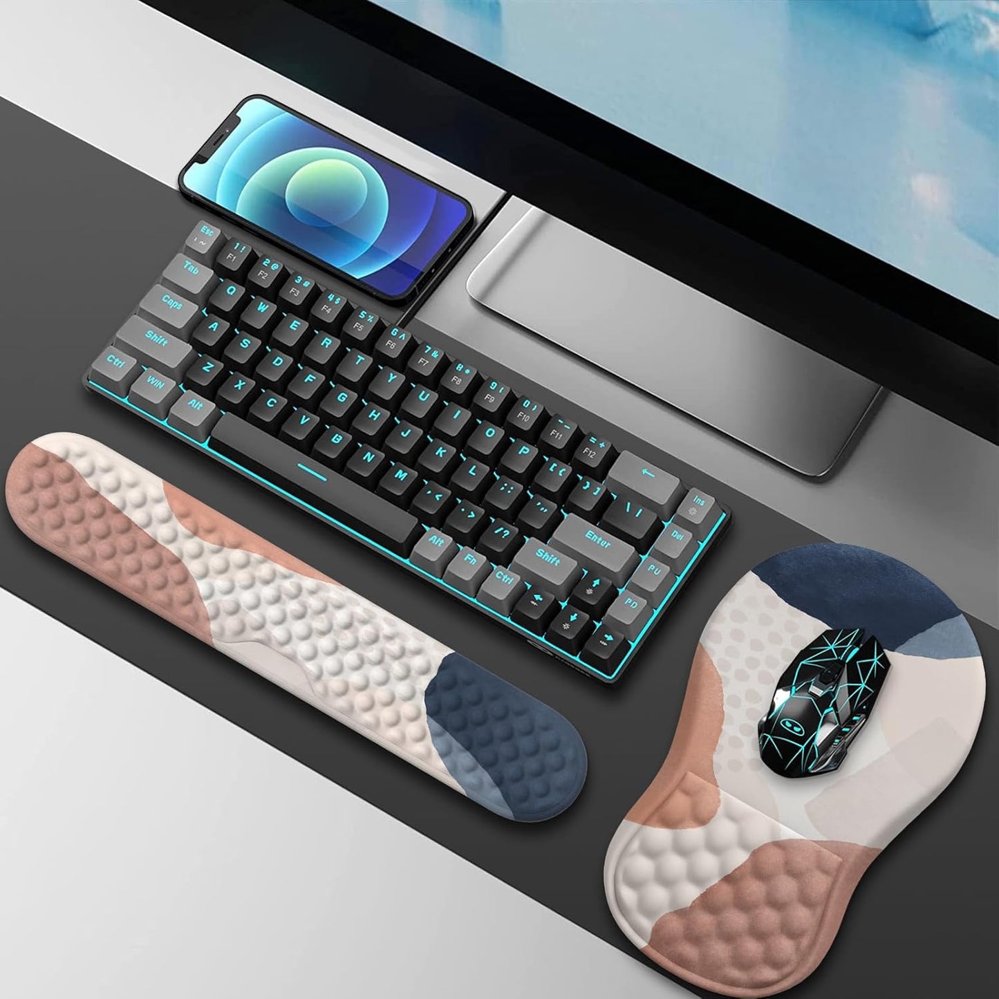 HAOCOO Keyboard Wrist Rest, Ergonomic Mouse Pad with Wrist Rest, 3 in 1 Keyboard and Mouse pad with Coaster Set, Memory Foam Wrist Support, Non-Slip PU Base for Home Office, Rose Gold Pink
