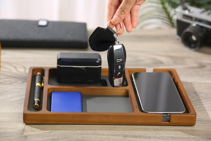 Shinpuru Wooden Valet Tray for Men, Nightstand Organizer with Leather Inlay, EDC Essentials Catchall Tray for Keys, Phone, Wallet, Watch, Earbuds - Bedside Desk Entryway Tray (Wood)