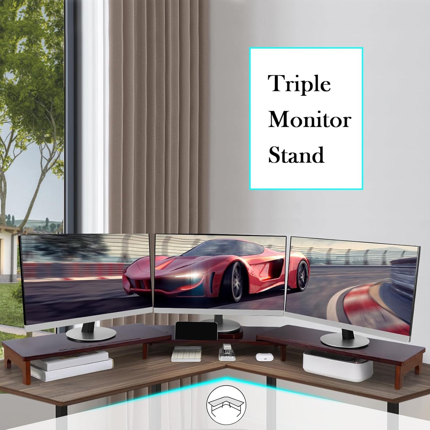 Nnewvante Monitor Stand Riser, 60 inch Large Bamboo Dual Monitor Stand for Desk, 3 Shelves Desktop Screen Riser with Adjustable Length Angle for Computer Laptop PC
