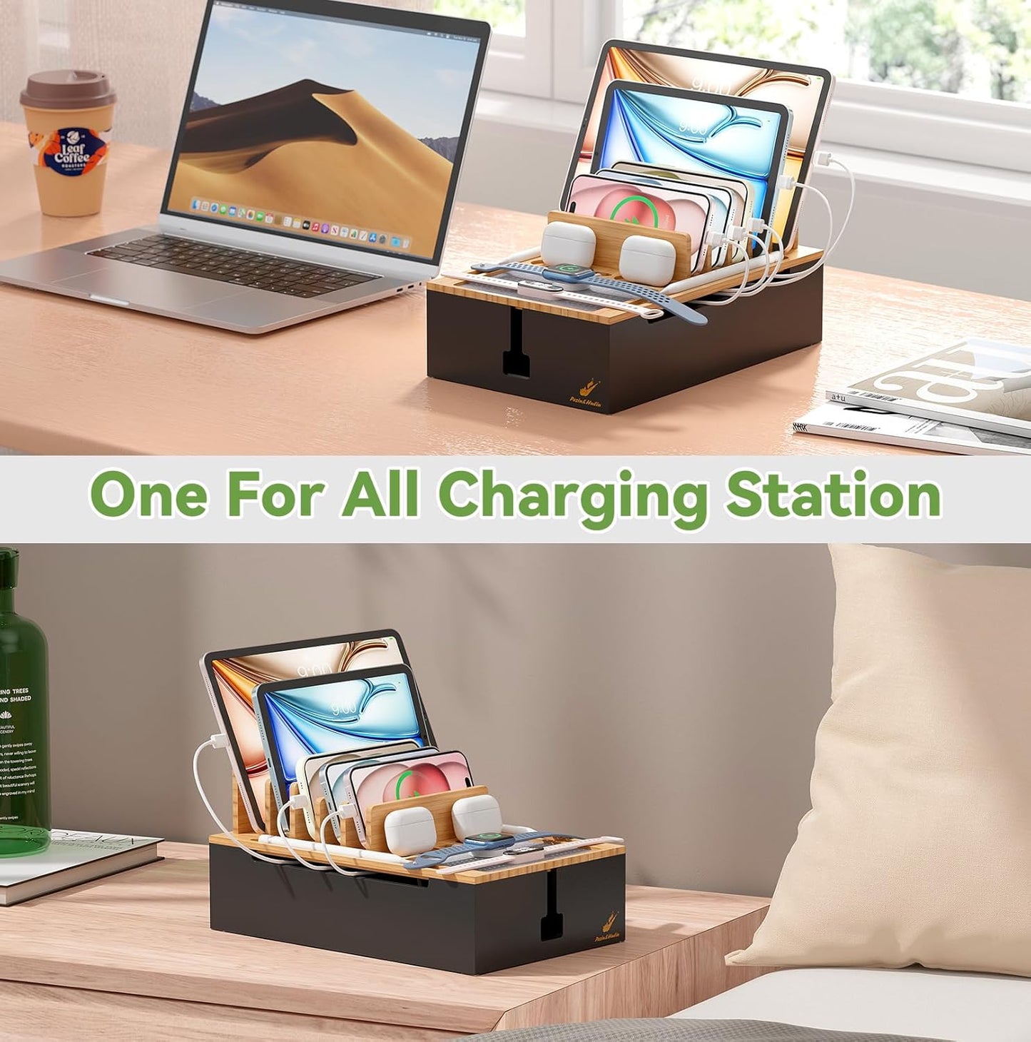 Pezin & Hulin Bamboo Charging Station for Multiple Devices, USB Charger Dock Organizer, with Power Supply (10 Ports HUB), 6 Cables, Cable Management Organizer for Cell Phones, Tablets -Natural+White