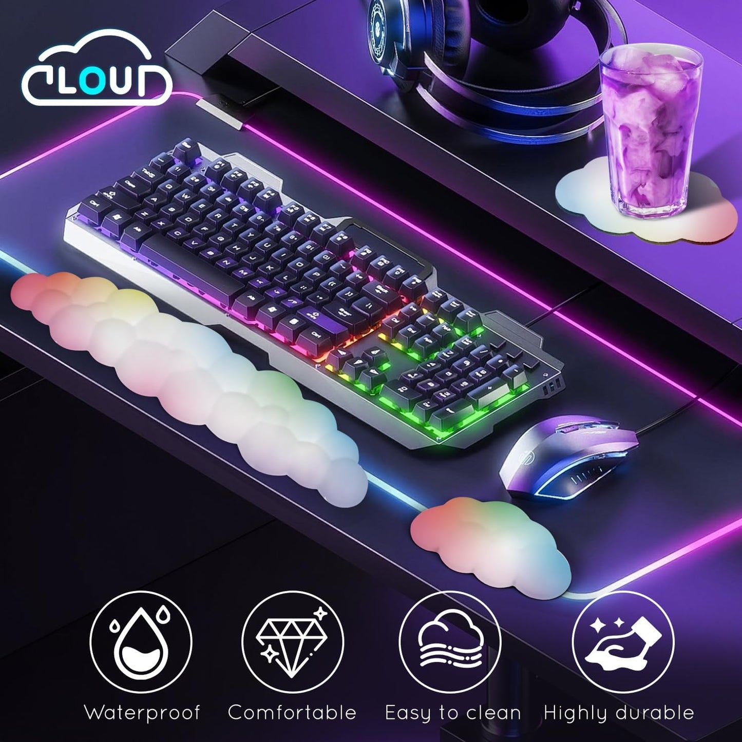 Cloud Wrist Rest for Computer Keyboard Arm Wrist Rest with Non-Slip Base Extended Wrist Rest Ergonomic Memory Foam for Keyboard and Mouse Typing Pain Relief, Office, Gaming, Computer