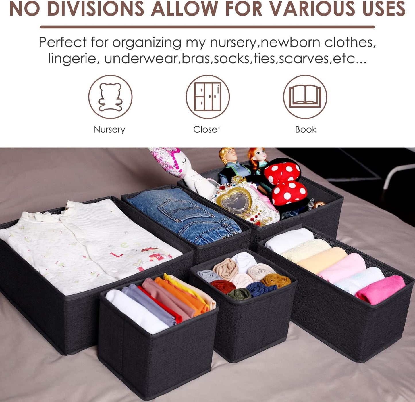 Criusia Foldable Underwear Drawer Organizer, Closet Dividers, Storage Box for Clothes, Socks (6 Bins, Gray)