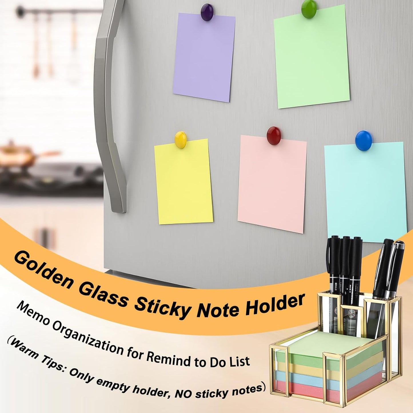 BTSKY Golden Glass 3x3 Inch Sticky Note Holder with Pen Slot, Elegant Post It Note Dispenser with Non-Slip Pads Clear Notepad Holder for Desk Organization Planning, Home Office Decor