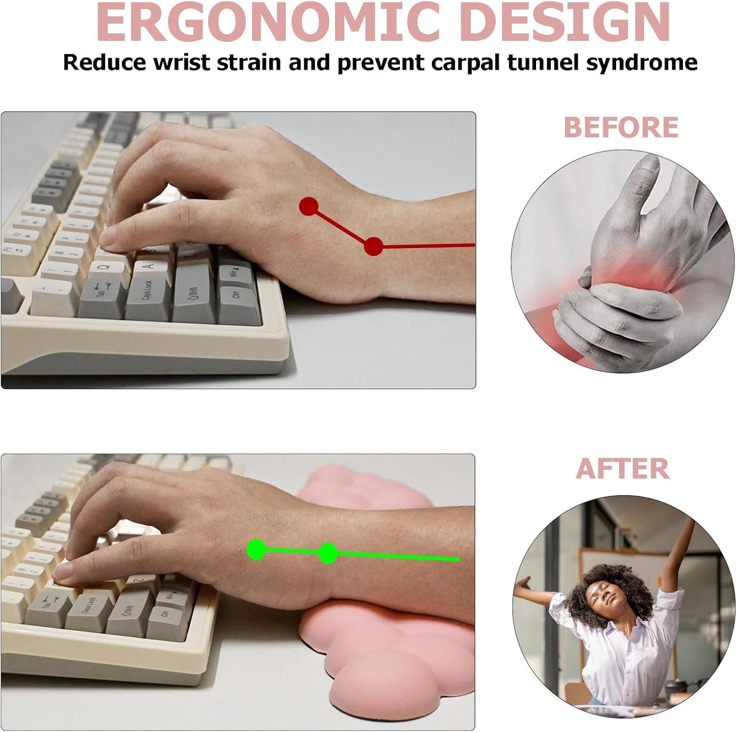 Ergonomic Keyboard Wrist Rest, PU Leather Memory Foam Cloud Wrist Rest for Computer Keyboard, Mouse Wrist Rest and Keyboard Pad for Gaming, Office, Computer, Laptop, Typing Pain Relief, Pastel Pink