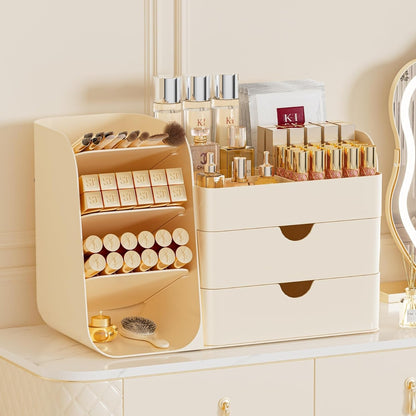 Booklov Makeup Organizer for Vanity, Countertop Cosmetic Display Case with Clear Acrylic Drawers, Bathroom Counter Beauty Caddy, Cute Table Storage Holder for Skincare, Brush Lipsticks, Crystal White