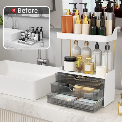 StorBin 3 Large Drawers Makeup Organizer - 5 Tier Bathroom Counter Organizers and Storage, Versatile Perfume Vanity Organizer, Ideal for Cosmetic, Large Skincare, Face Mask, Office Supplies, Amber
