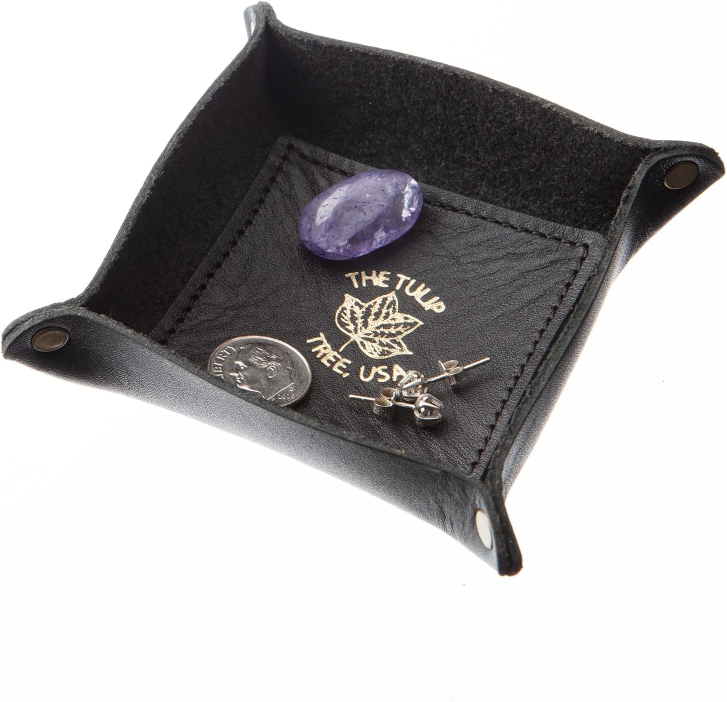 USA Handmade Premium Leather Valet Tray, Folds Flat! Dice Rolling Basket and Organizer with Brass Snaps - Reinforced Base - for Keys, Jewelry, Coin, EDC, Watch Storage Caddy - Black XLarge