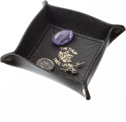 USA Handmade Premium Leather Valet Tray, Folds Flat! Dice Rolling Basket and Organizer with Brass Snaps - Reinforced Base - for Keys, Jewelry, Coin, EDC, Watch Storage Caddy - Black XLarge