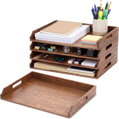 AceOrbit 6 Pcs Stackable Paper Tray Bamboo Wood Desk Organizer Letter Tray 6 Tier Wooden File Organizer Desk Shelf for Documents, Letter Sorter, Envelopes and Magazine Holder
