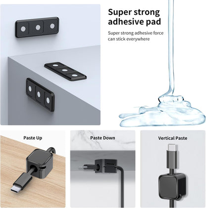 Magnetic Cable Organizer for Desk – Upgraded Wire Clips with Adhesive Base – Desktop Cord Holder for USB, Charging Cables – 6 Clips + 1 Magnetic Base (Black)