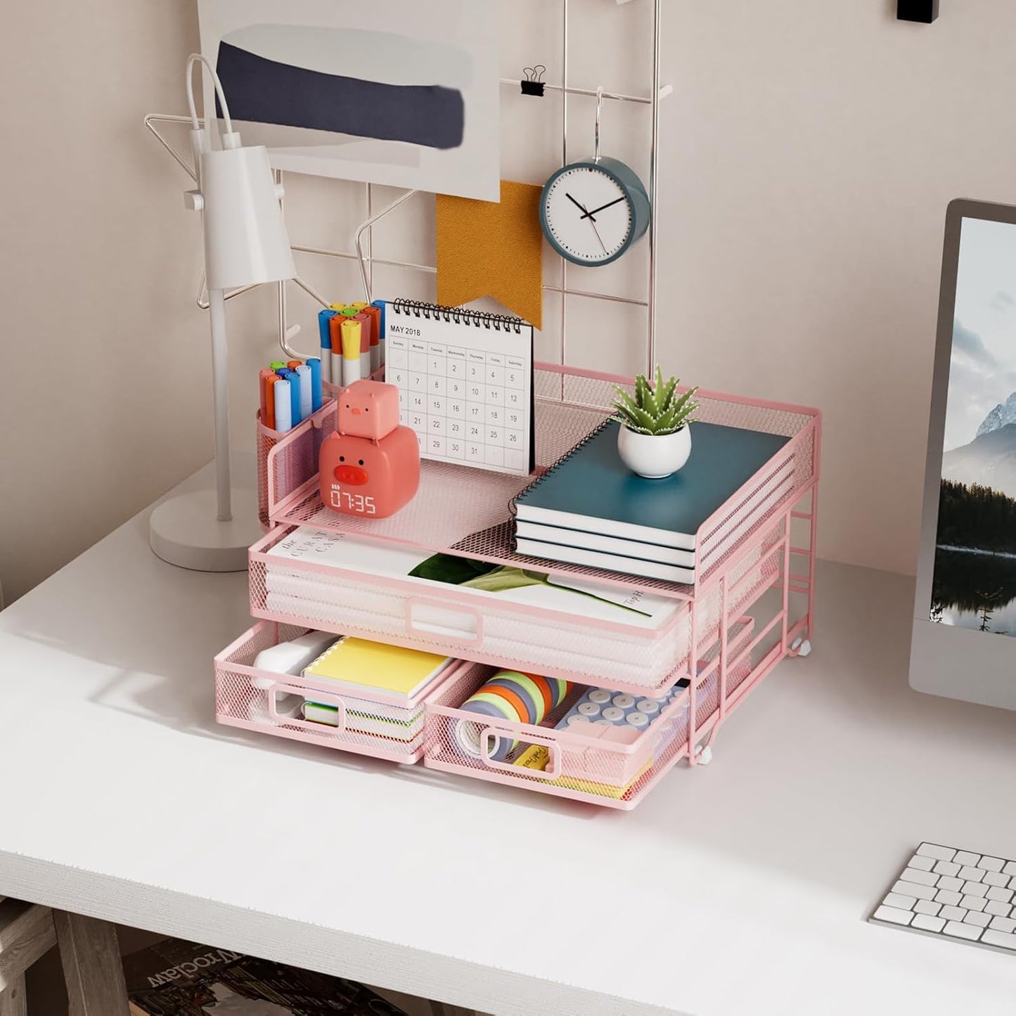 Marbrasse 3 Tier Mesh Desk Organizer with Drawer, Multi-Functional Desk Organizers and Accessories, Paper Letter Organizer with 2 Pen Holder for Home Office Supplies (Black)