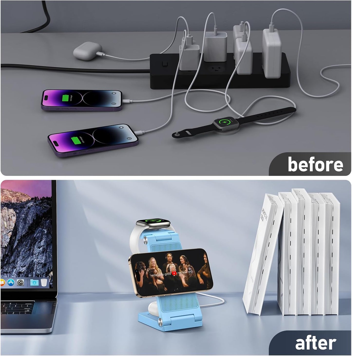 Magnetic Wireless Charger Stand, 3 in 1 Foldable Wireless Charging Station with 20W Adapter, Travel Charger for Multiple Devices for iPhone 17 16 15 14 13 12 Pro/Max/Plus/Mini, iWatch, AirPods