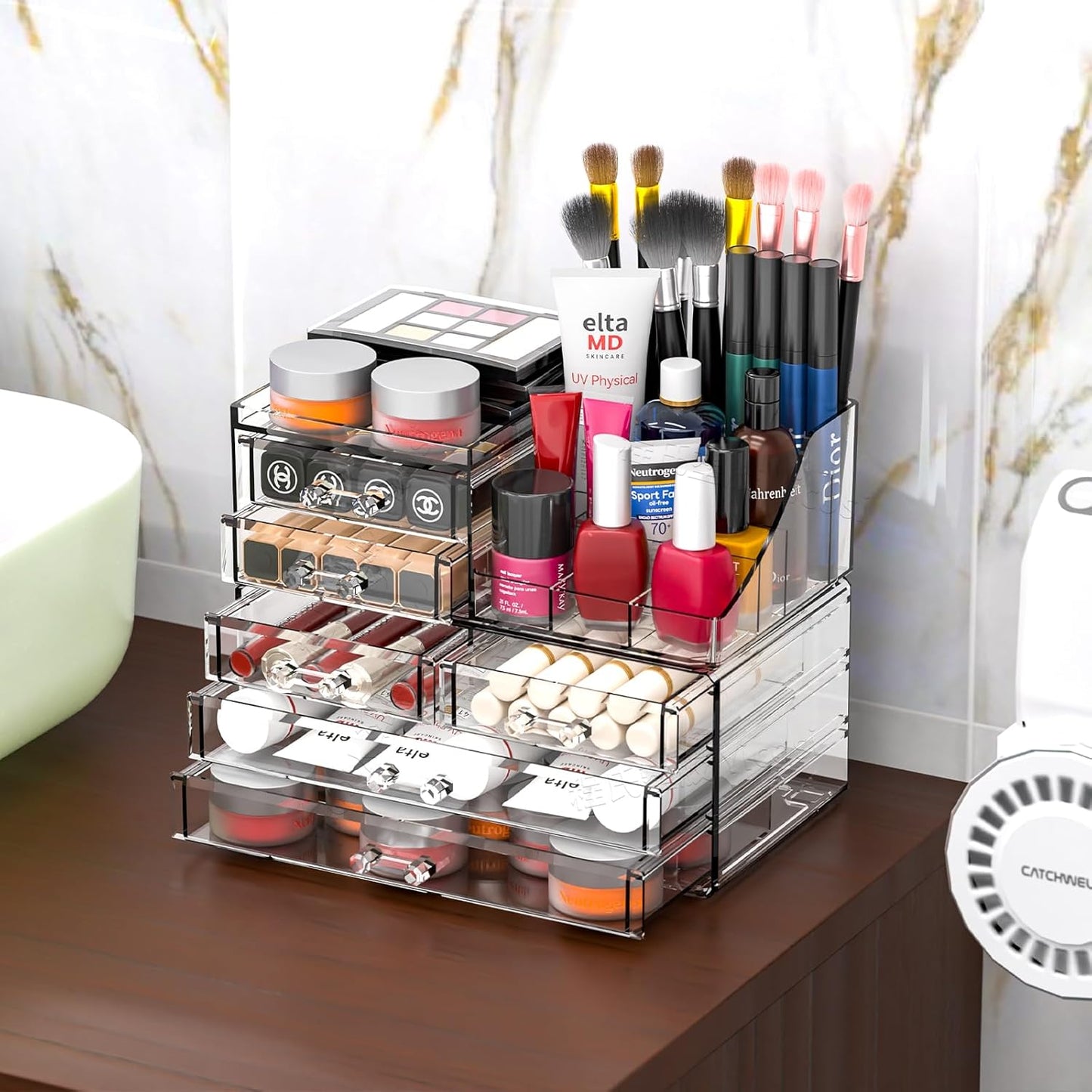 Cq acrylic Make Up Organizers for Vanity With 14 Drawers, 4 Pack Clear Drawer Organizers,Plastic Cute Desk Accessories Organization and Bathroom Organizers Storage Case Box Cube for Beauty,Skin Care