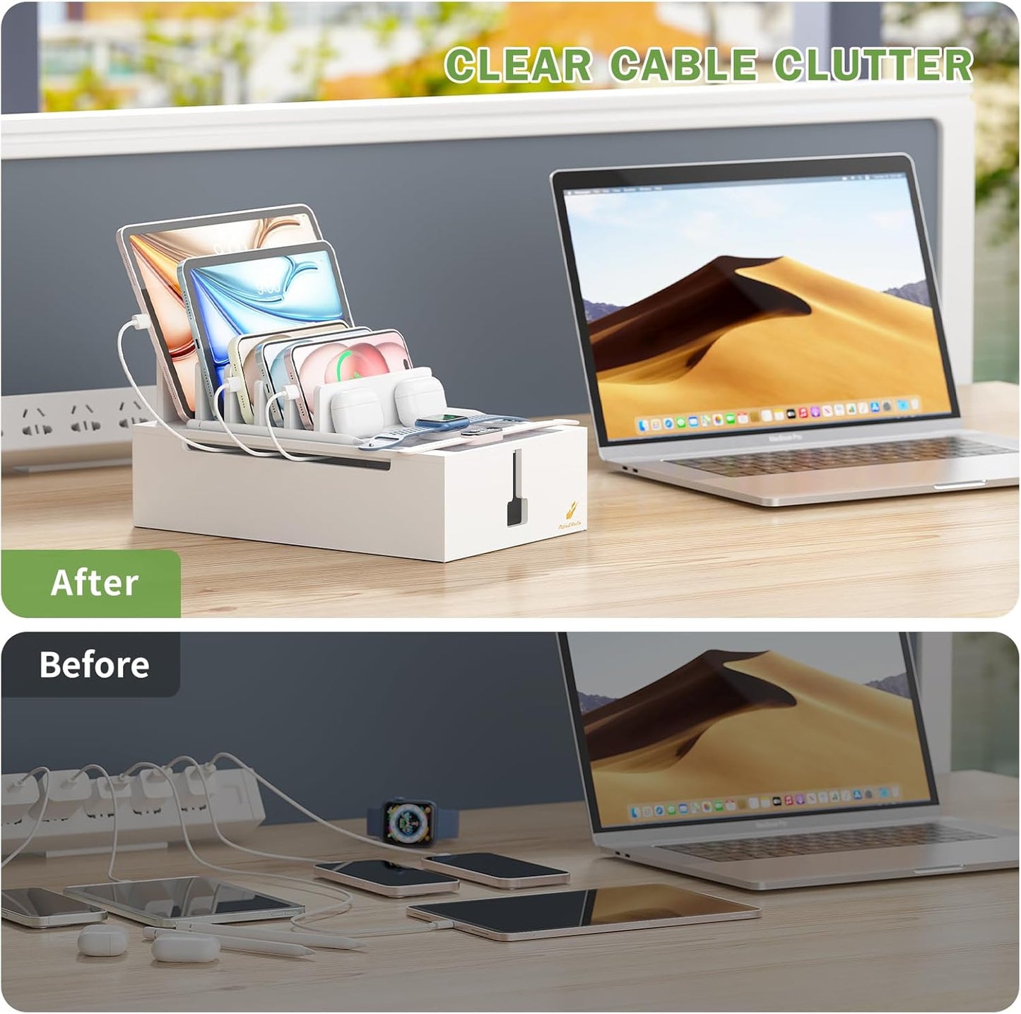 Pezin & Hulin Bamboo Charging Station for Multiple Devices, USB Charger Dock Organizer, with Power Supply (10 Ports HUB), 6 Cables, Cable Management Organizer for Cell Phones, Tablets -Natural+White