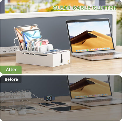 Pezin & Hulin Bamboo Charging Station for Multiple Devices, USB Charger Dock Organizer, with Power Supply (10 Ports HUB), 6 Cables, Cable Management Organizer for Cell Phones, Tablets -Natural+White