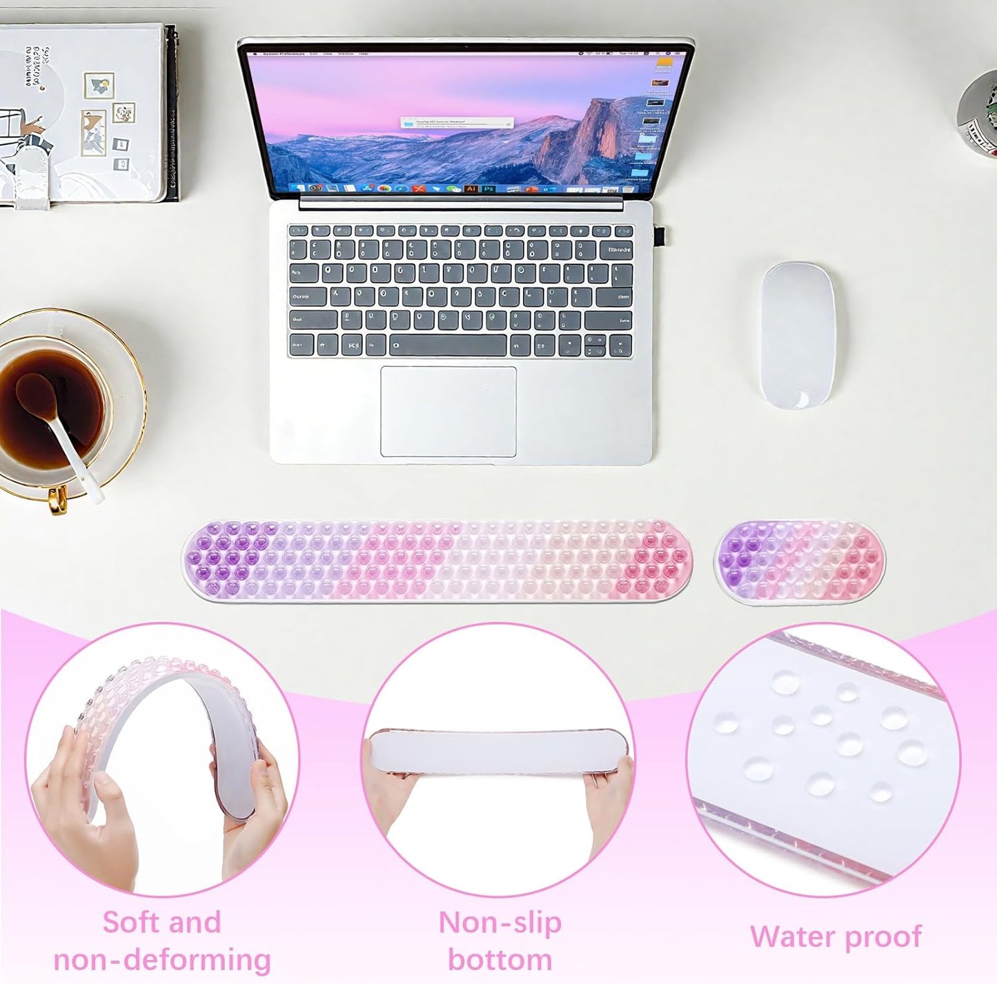 MEGREZ Clear Gel Wrist Rest for Keyboard and Mouse, Cute Crystal Gel WristRest, Ergonomic Wrist Rest Set, Cloud Wrist Rest Keyboard, Pink