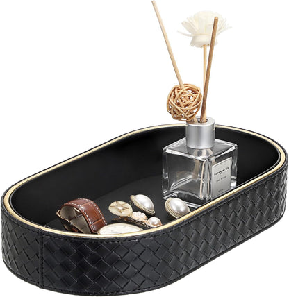 Hipiwe Perfume Trays PU Leather Vanity Tray for Dresser Bathroom Valet Trays Oval Desk Tray Jewelry Dish Holder Decorative Catchall Trays Nightstand Organizer, Beige