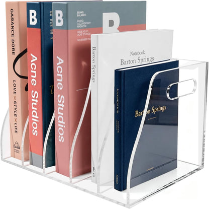 Acrylic Magazine File Holder, 4 Vertical Compartments Desk Document Sorter Organizer, Clear Bookend File Sorter Holder for Office, Documents, Tablets, Magazines, Books
