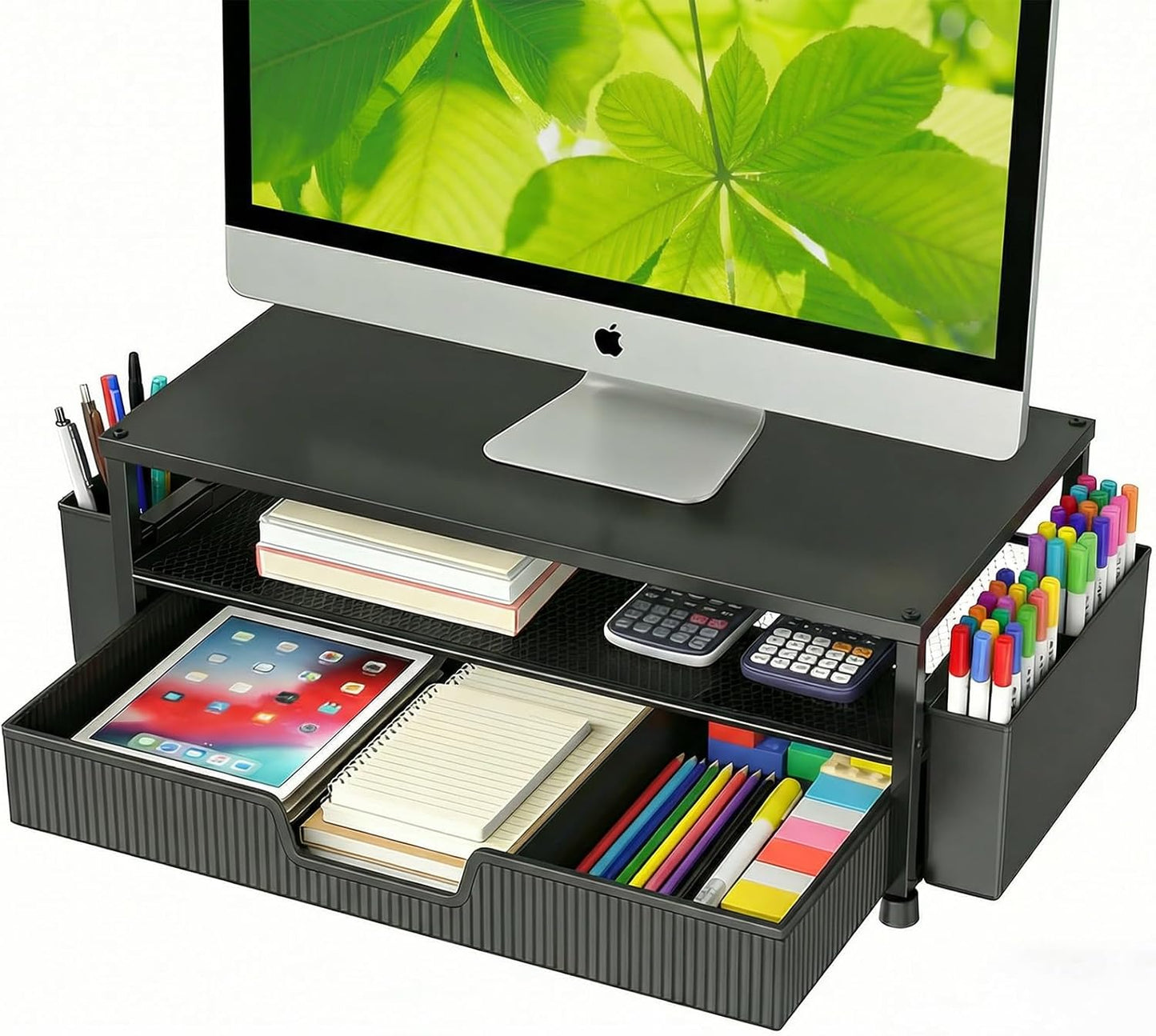 ECOLOVI Desk Organizer and Accessories, 2-Tier Computer Monitor Stand Rise with Storage Drawer & 2 Pen Holders, Laptop & Printer Stand for Desktop, Workspace Organizers for Office Supplies (Blue)