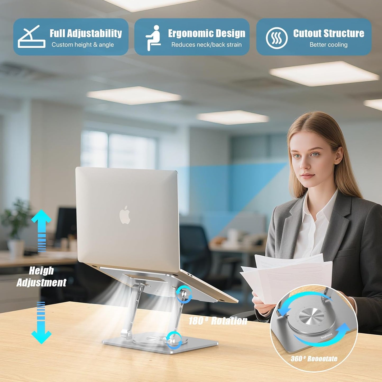 Laptop Stand for Desk, Adjustable Height & Angle Portable Aluminum Laptop Riser & Monitor Stand with 360° Swivel, Foldable Ergonomic Computer Stand for 10-17 Inch Laptops (MacBook/Dell/HP), Silver.