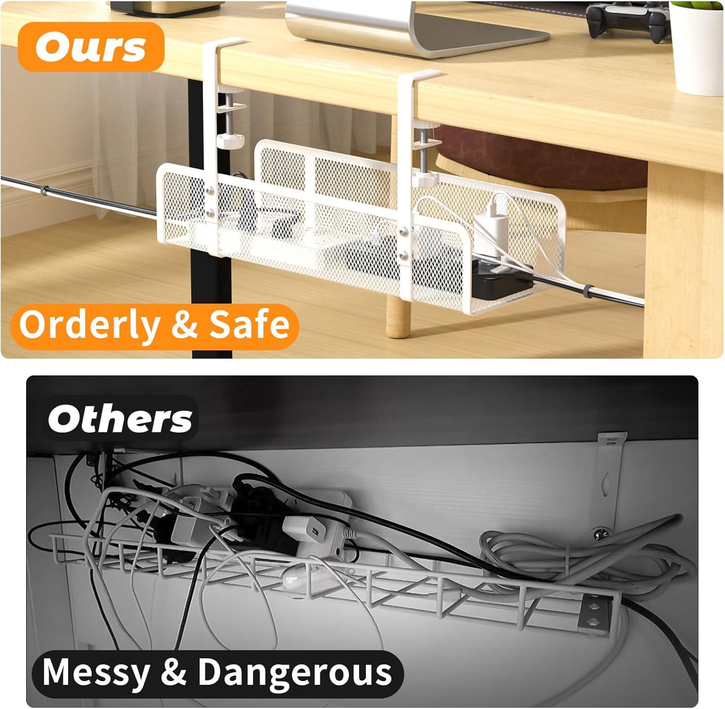 Under Desk Cable Management Tray, Wire Management Desk Cable Organizer Cable Management Box, Cord Organizer Storage for Office, Home
