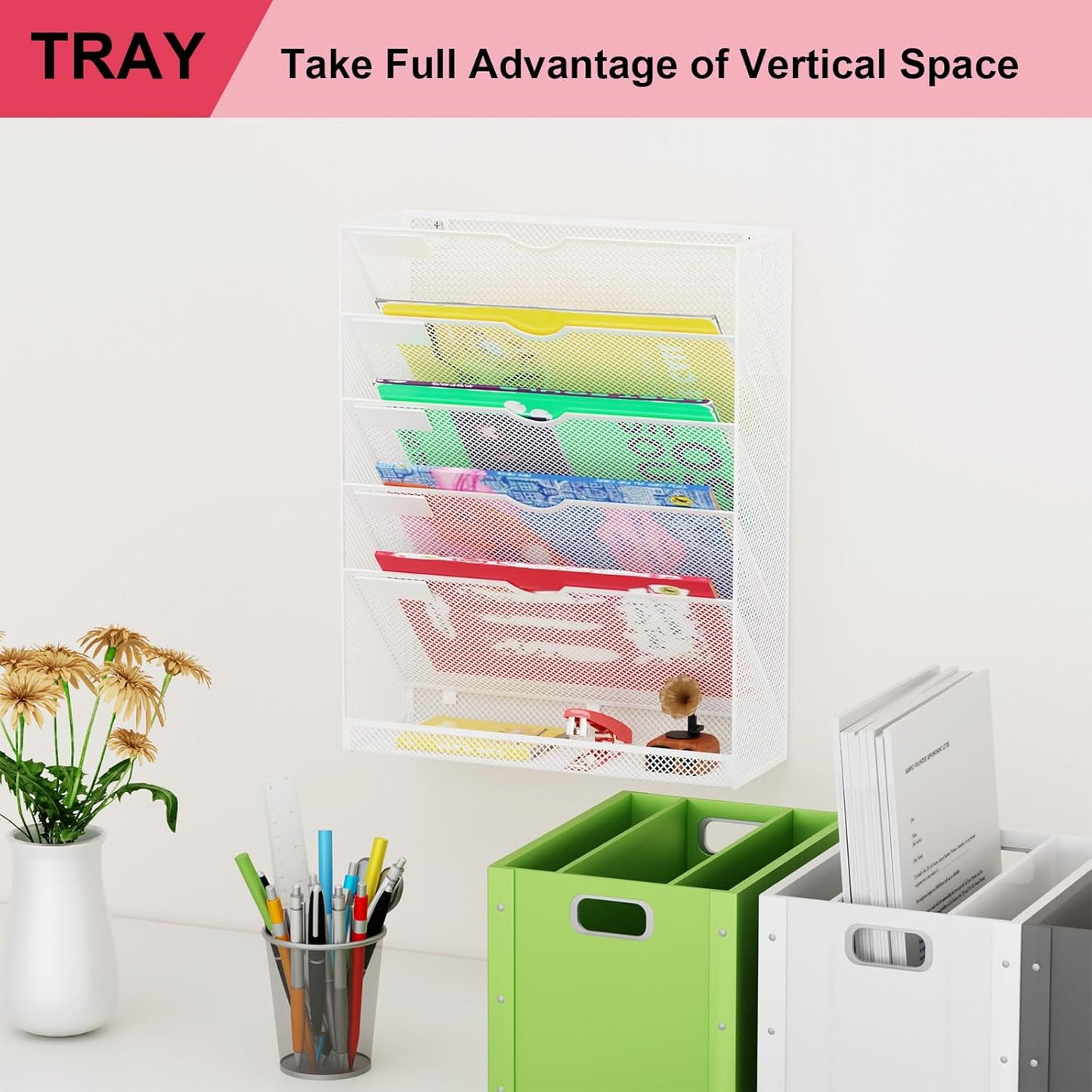 Wall File Organizer Holder Mesh Hanging Paper Document Holder,Vertical 6 Pocket Tier for Office Home, Black
