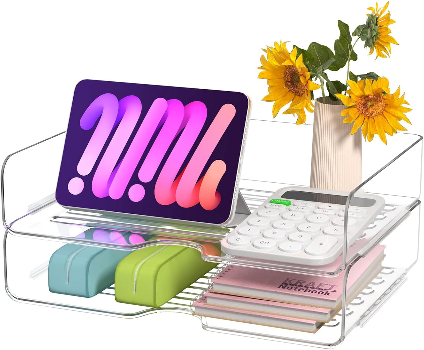 Paper Organizer Letter Tray - Acrylic Stackable Desk File Organizer with 5-Gird Tray and Pencil Holder, Clear File Organizer for Desk, Office Organizer for File Paper, Ipad, Letter, Small Item Etc