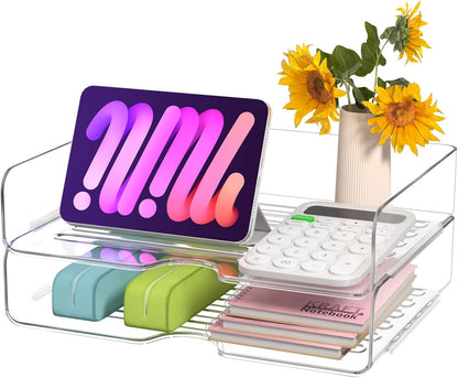 Paper Organizer Letter Tray - Acrylic Stackable Desk File Organizer with 5-Gird Tray and Pencil Holder, Clear File Organizer for Desk, Office Organizer for File Paper, Ipad, Letter, Small Item Etc