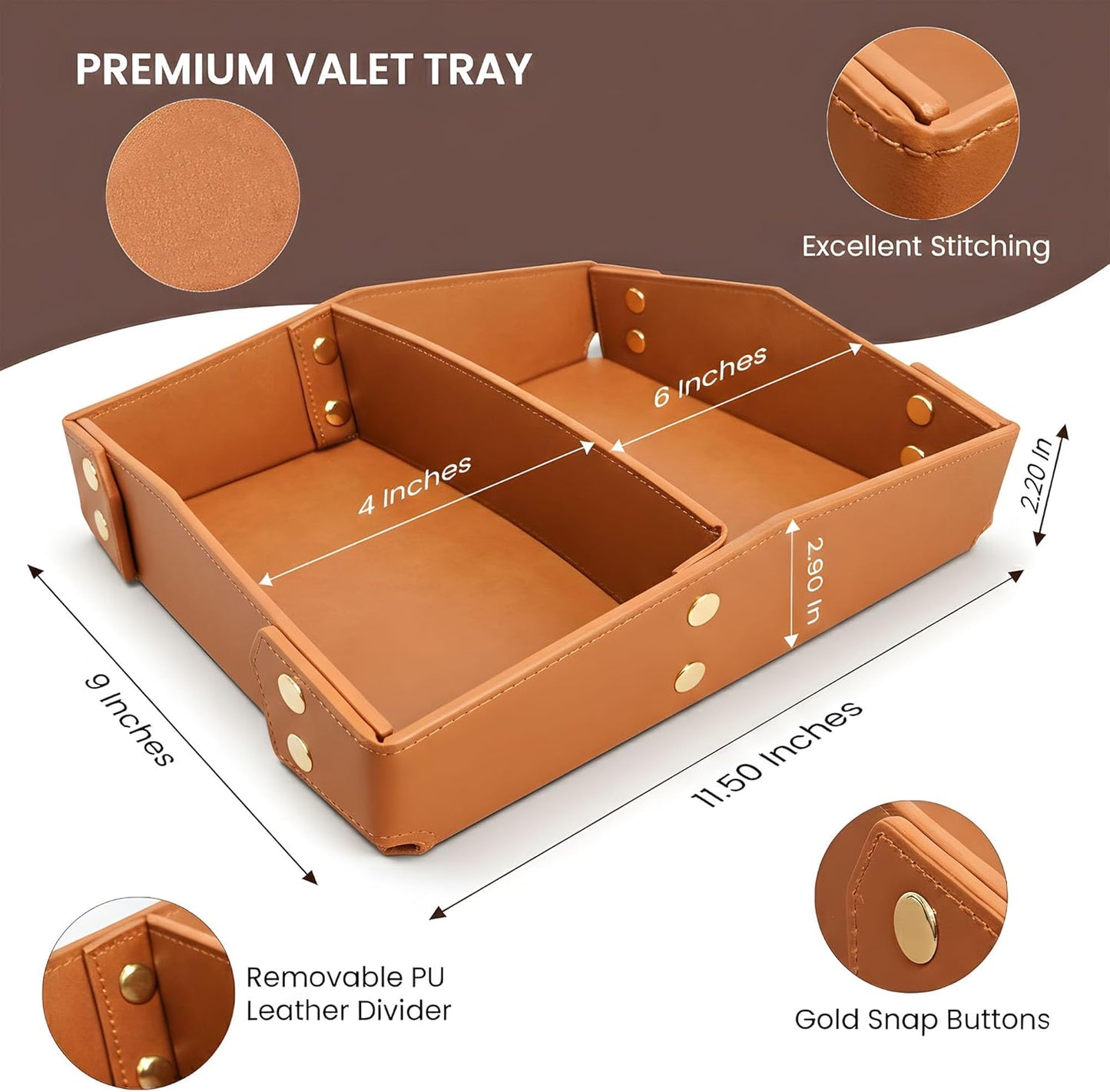 Valet Tray Organizer for Men & Women - PU Leather Catch All Tray with Removable Divider - EDC Storage for Keys, Watch, Phone - Nightstand, Dresser & Desk Organizer - Pacific Navy
