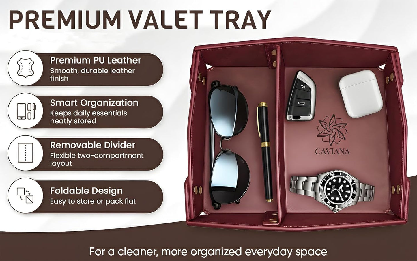 Valet Tray Organizer for Men & Women - PU Leather Catch All Tray with Removable Divider - EDC Storage for Keys, Watch, Phone - Nightstand, Dresser & Desk Organizer - Pacific Navy