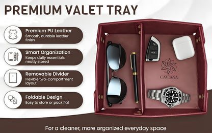 Valet Tray Organizer for Men & Women - PU Leather Catch All Tray with Removable Divider - EDC Storage for Keys, Watch, Phone - Nightstand, Dresser & Desk Organizer - Pacific Navy