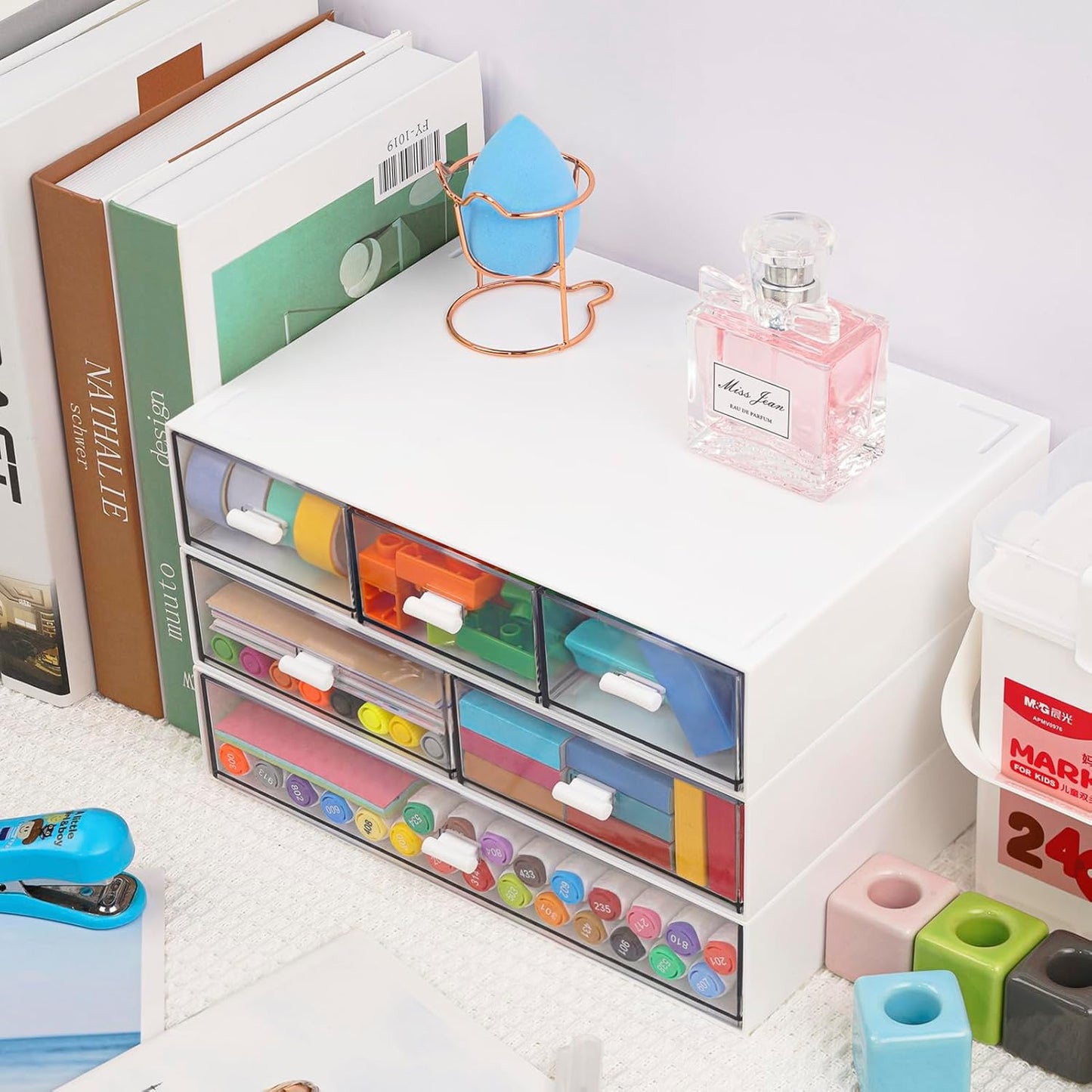 3 Tier Stackable Desk Organizer with 6 Drawers, YOCOMEY Plastic Desktop Storage Box Drawers, Detachable Makeup Storage Office Stationery Supplies Organizer for Office School(Clear)