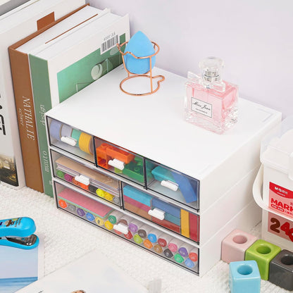 3 Tier Stackable Desk Organizer with 6 Drawers, YOCOMEY Plastic Desktop Storage Box Drawers, Detachable Makeup Storage Office Stationery Supplies Organizer for Office School(Clear)