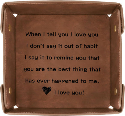 Aelciyue Boyfriend Valentines Day Gifts - Christmas Father's Day Cool Birthday Gifts for Boyfriend Ideas Anniversary Keepsake Gift Leather Tray Organizer Leather Valet Catchall Desk Tray - I Love You
