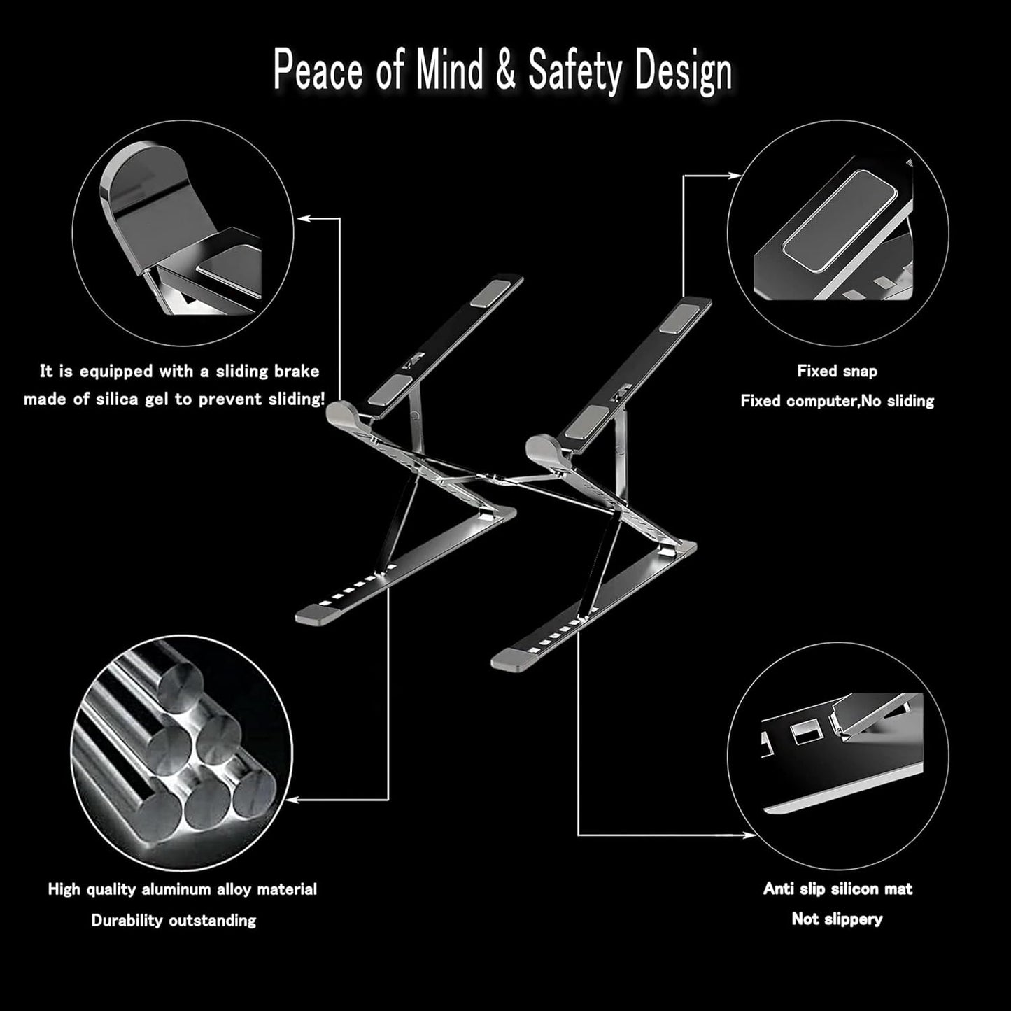 Ergonomic 7-Levels Angles Adjustable Laptop Stand, Portable Laptop Stand for Desk, Aluminum + Silicone Foldable Ventilated Cooling Laptop Riser for 10-17” Laptops, Tablets (Silver)