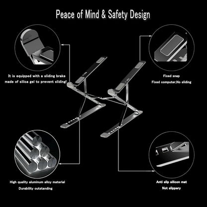 Ergonomic 7-Levels Angles Adjustable Laptop Stand, Portable Laptop Stand for Desk, Aluminum + Silicone Foldable Ventilated Cooling Laptop Riser for 10-17” Laptops, Tablets (Silver)