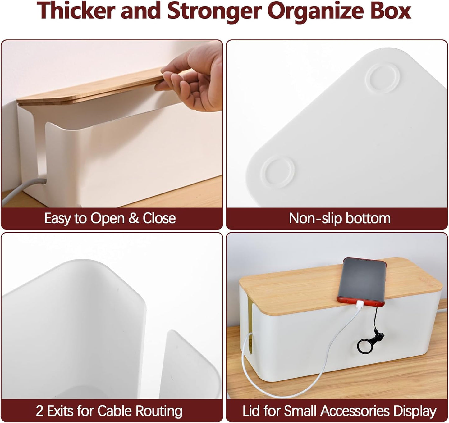Cable Management Box,Wooden Style Large Cable Organizer Box for Office and Home,Cable Organizer Box with Proof Lock for Baby-Pets,Wood Lid（White,1 Pack