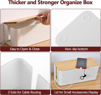 Cable Management Box,Wooden Style Large Cable Organizer Box for Office and Home,Cable Organizer Box with Proof Lock for Baby-Pets,Wood Lid（White,1 Pack