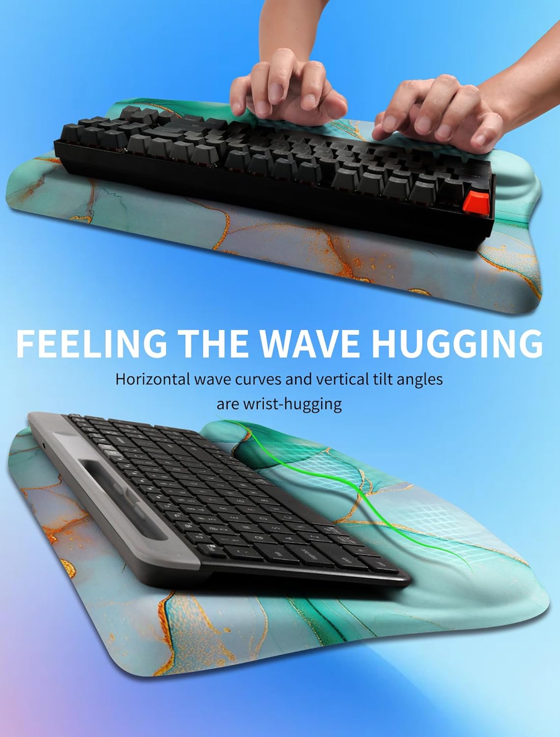 Ergonomic Wave Wrist Rest with Keyboard Stand, Cushioned Palm Rest, Comfortable Integrated Memory Foam for Natural Typing and Relieve Wrist Pain, Dark Night Black