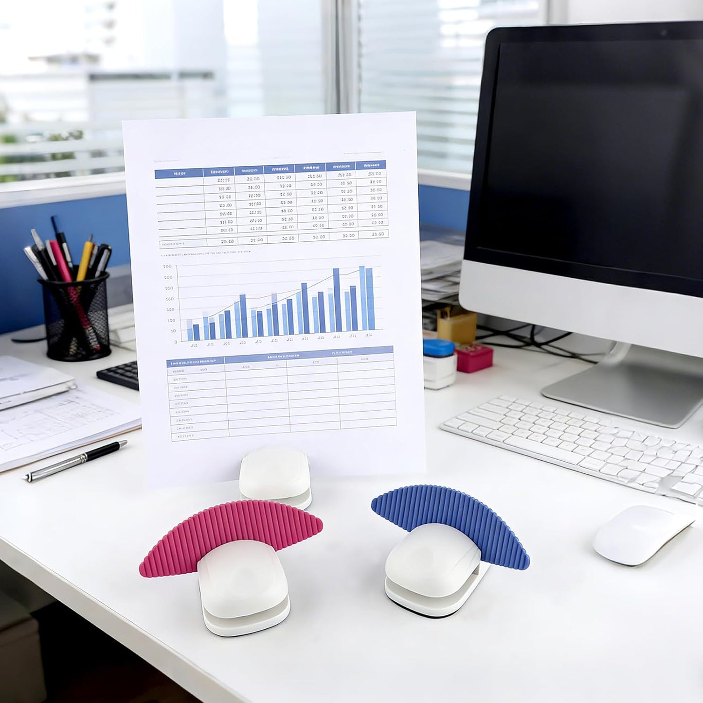 3 Pcs Paper Holder Stand for Typing, Non-Slip Desktop Document Holder with Desktop Clamp and Anti-Slip Pads, Portable Copy Stand for A4 Paper Documents, Office Typing Reading, White Blue Red