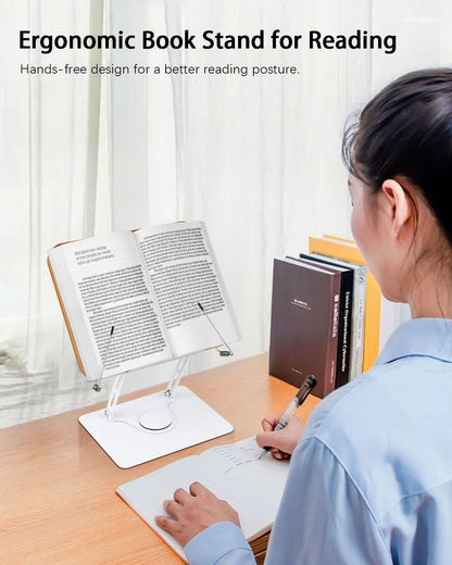 Honagu Book Stand for Reading, Adjustable Book Holder with 360 Degree Rotating Base & Page Clips, Hands Free Foldable Desktop Cookbook Stand for Sheet Music, Laptop, Recipe, Textbook (Acrylic)