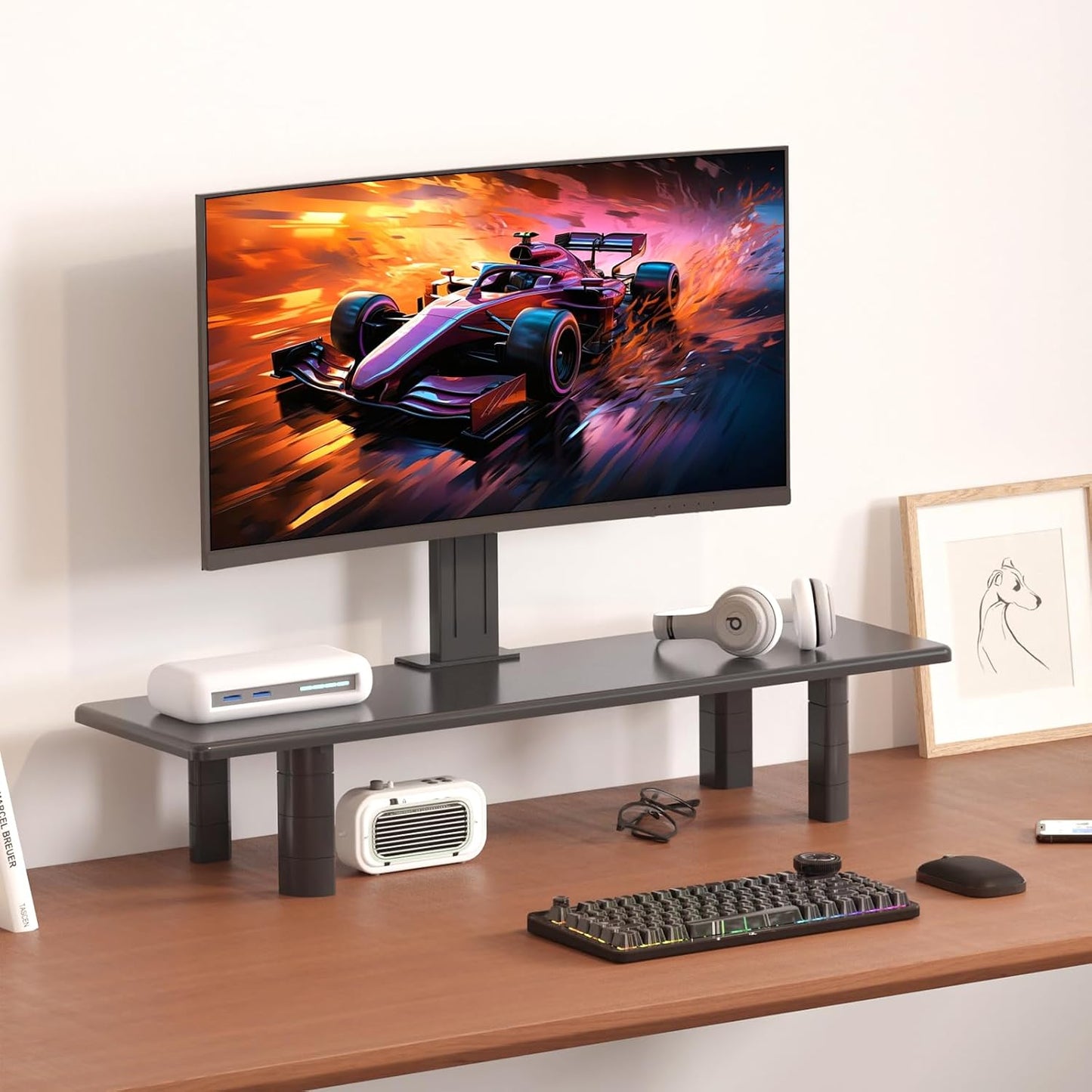 suptek Dual Monitor Stand Riser, 32.28Inch Large Monitor Stands for 2 Monitors, Computer Monitor Stand, Wooden Desktop Oraganizer Shelf for Office Desk Computer,TV,Laptop