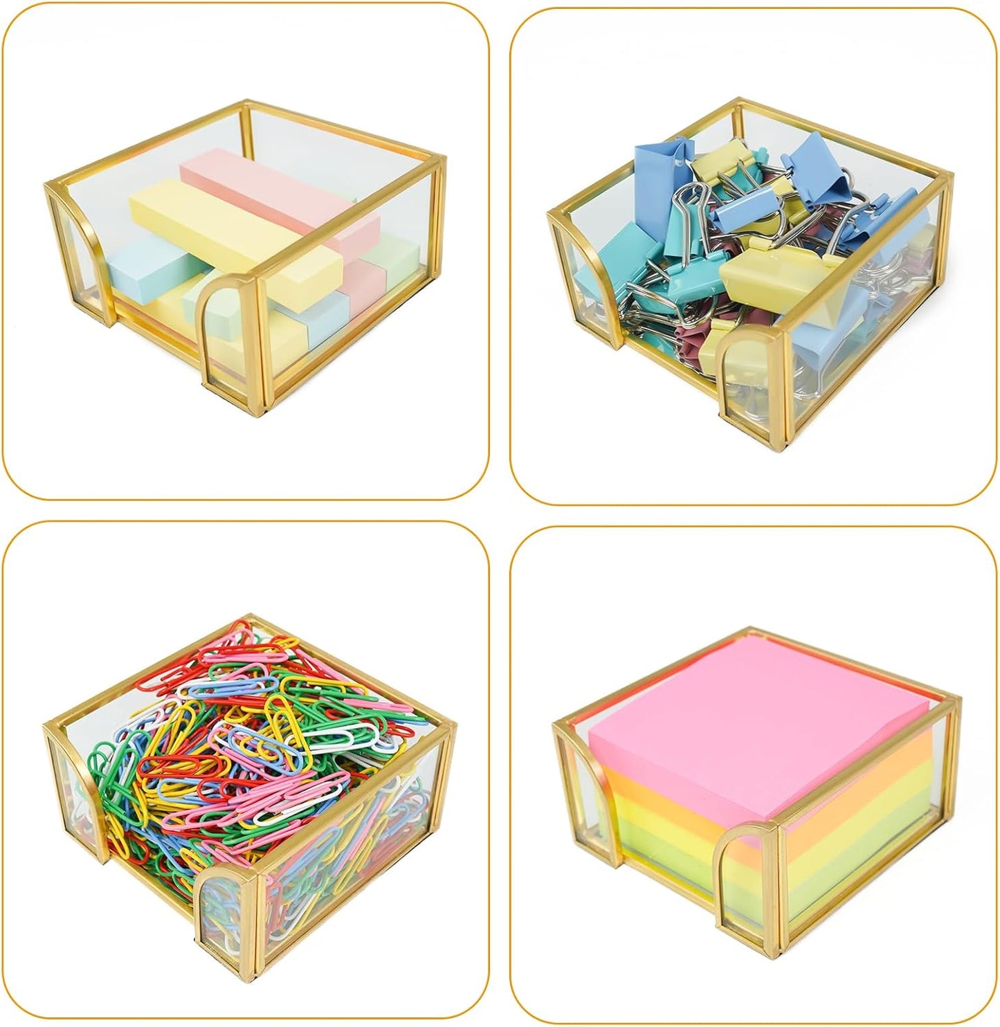 Sticky Note Holder,Glass Post It Note Dispenser with Pen Slot,Gold 3 x 3 Inch Post It Note Holder for Desk,Stylish Sticky Note Dispenser for Home Office Desk