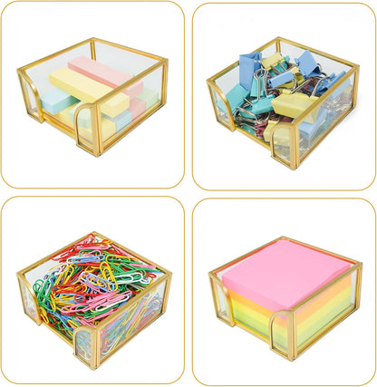 Sticky Note Holder,Glass Post It Note Dispenser with Pen Slot,Gold 3 x 3 Inch Post It Note Holder for Desk,Stylish Sticky Note Dispenser for Home Office Desk