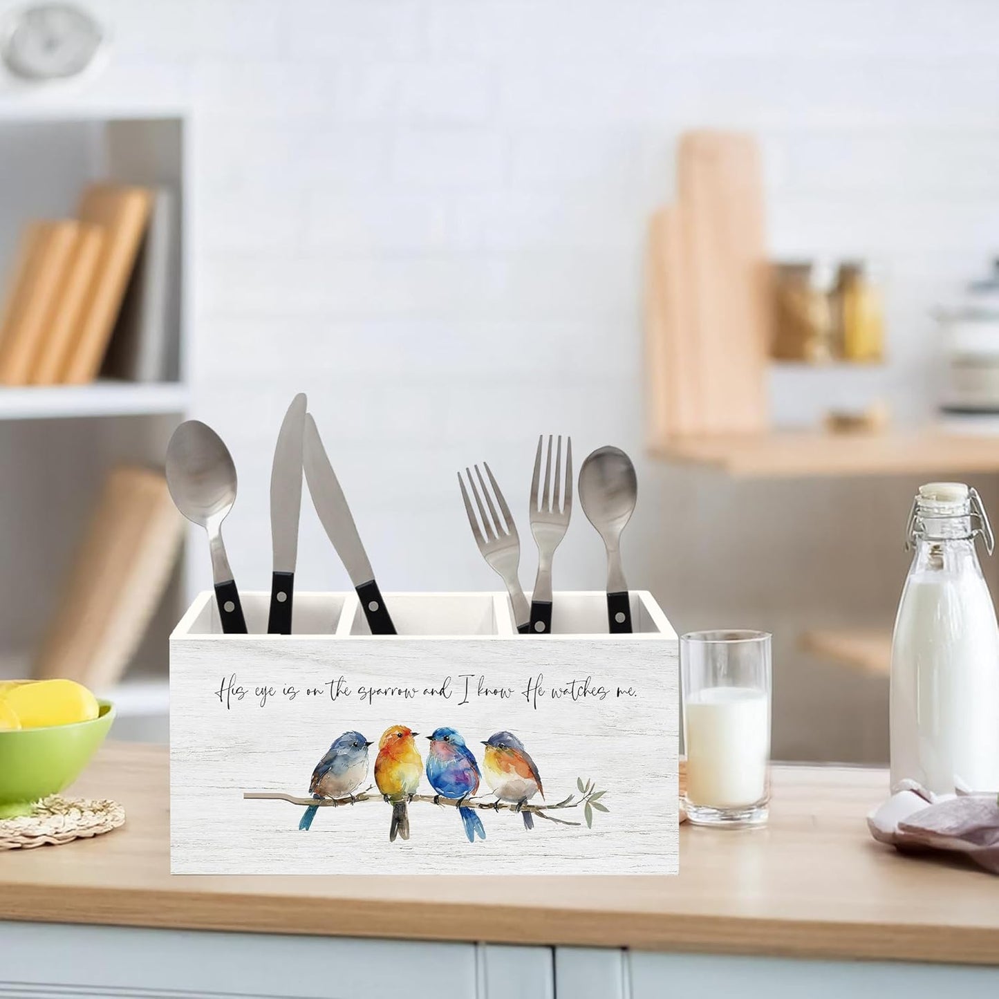 Christian Sparrow Bird Pen Holder for Desk, Religious Scripture Bible Verse Pencil Organizer, His Eye is on The Sparrow Bird Wooden Pen Holder Desk Accessories Decor for Home Office
