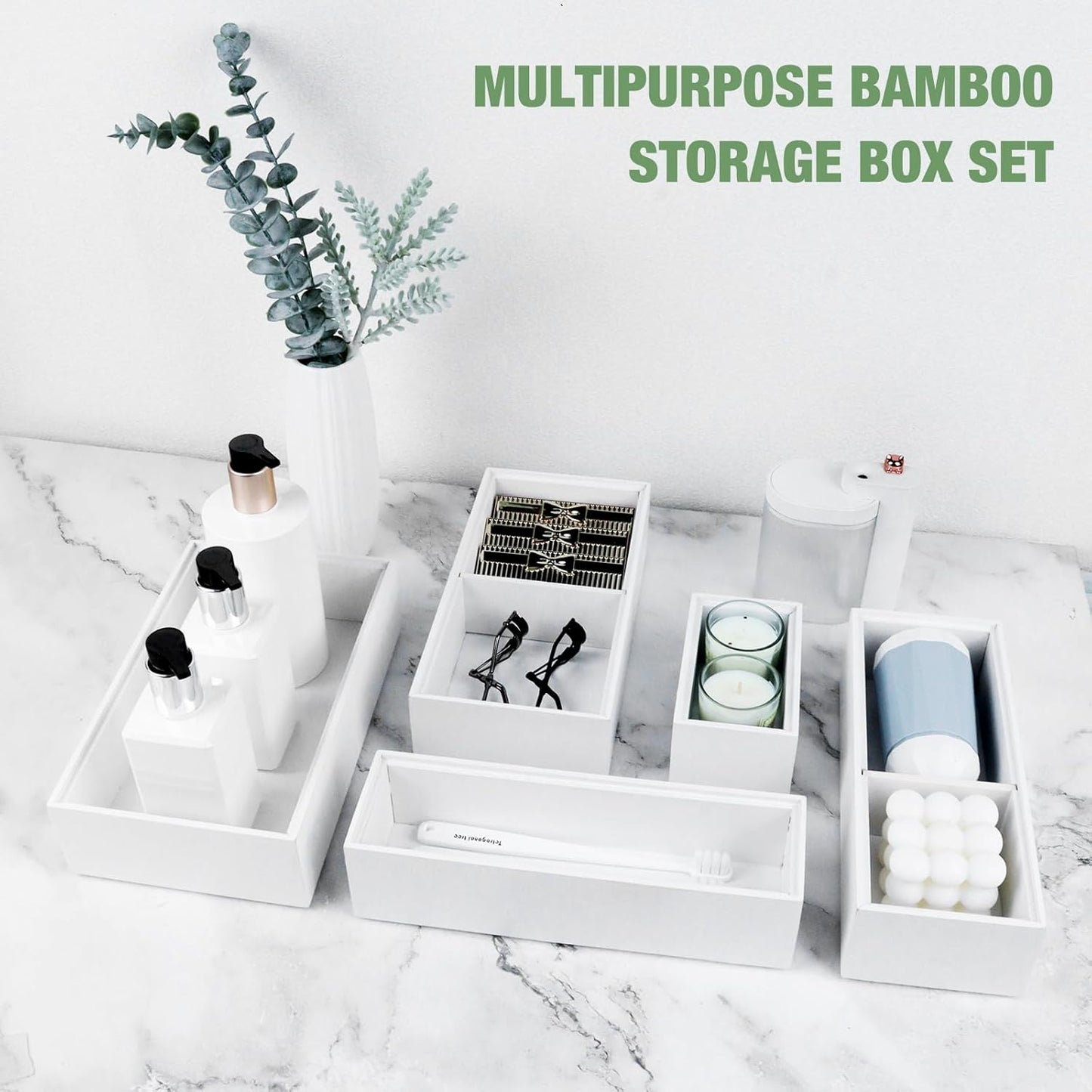 Bamboo Drawer Organizer,5 PCS White Bathroom Tray&Desk Organizers and Storage,Cabinet Divider With Removable Silverware Organization for Kitchen,Utensils,Junk,Office,Makeup