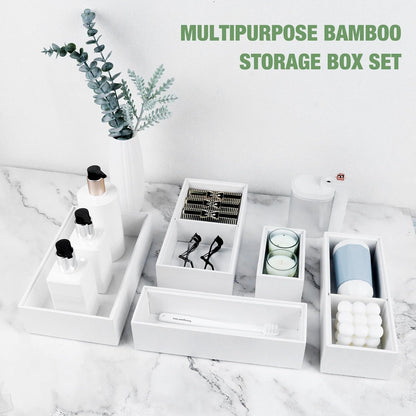 Bamboo Drawer Organizer,5 PCS White Bathroom Tray&Desk Organizers and Storage,Cabinet Divider With Removable Silverware Organization for Kitchen,Utensils,Junk,Office,Makeup